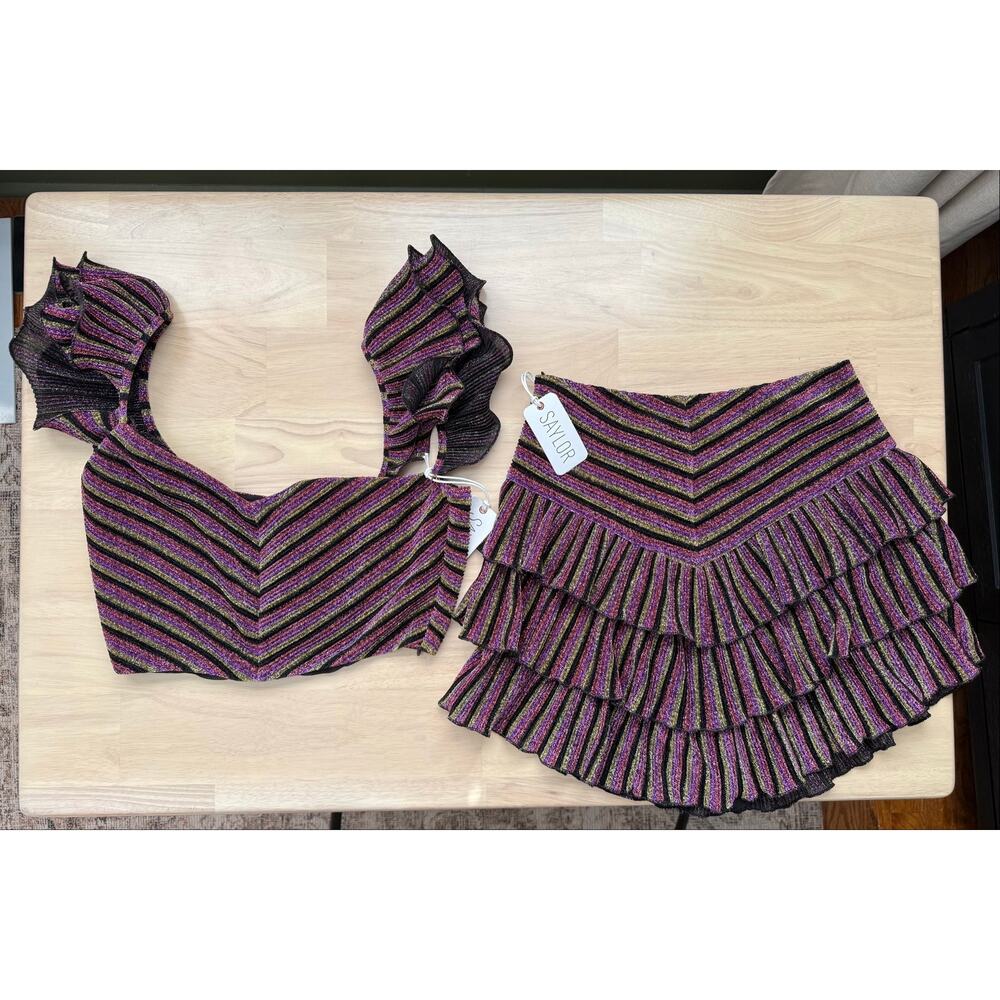 NWT Saylor Gia Rainbow Metallic Pleat Skirt Set Resort Crop Purple Black Small